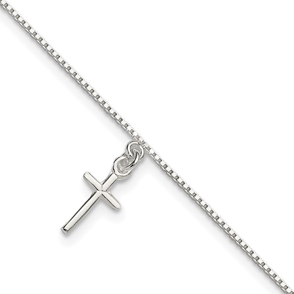 Sterling Silver Solid Polished Cross on Box Chain Anklet