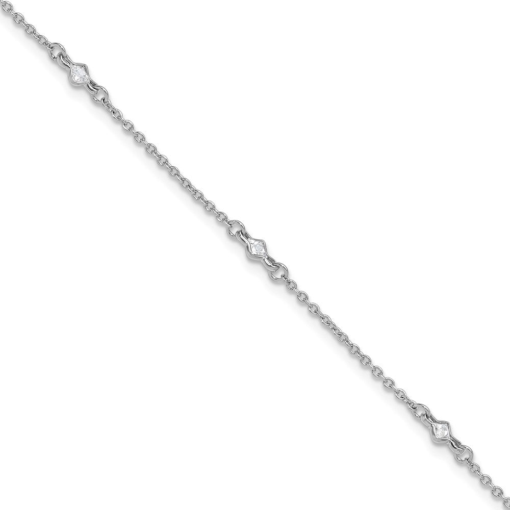 Sterling Silver Rhodium-plated Plus Ext. 5 Station CZ Anklet