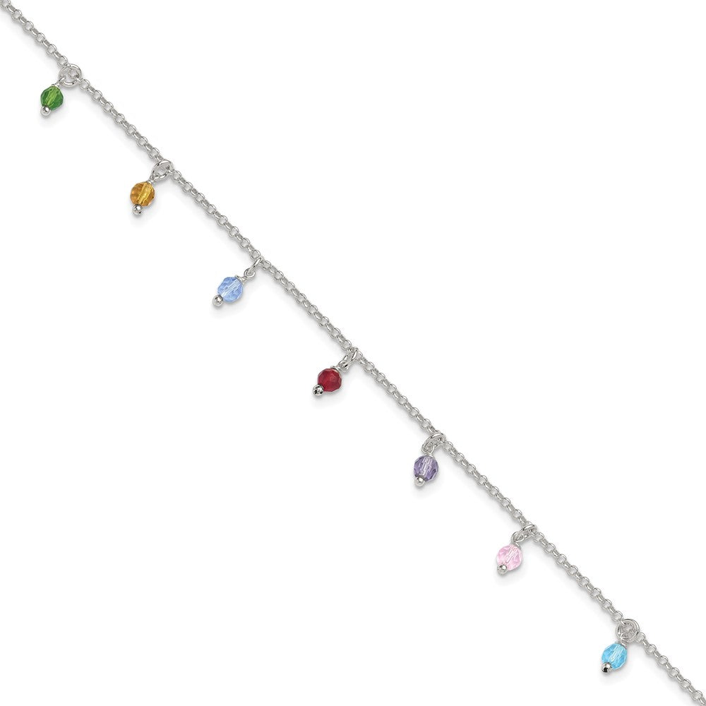 Sterling Silver Polished Multi-colored Beads Plus ext. Anklet