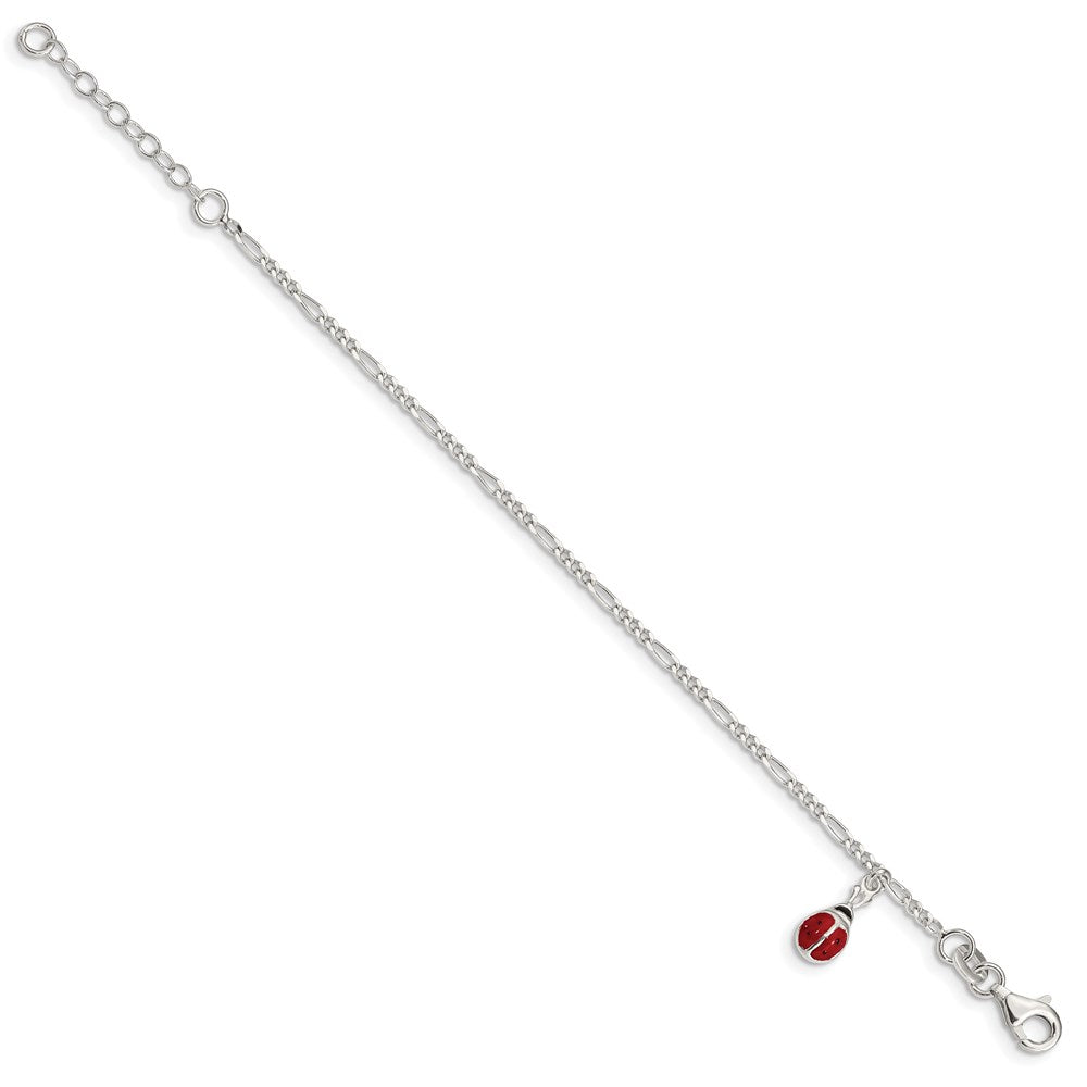 Sterling Silver Polished Enameled Ladybug w/ ext. Childrens Bracelet