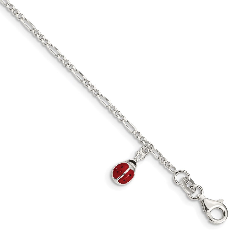 Sterling Silver Polished Enameled Ladybug w/ ext. Childrens Bracelet