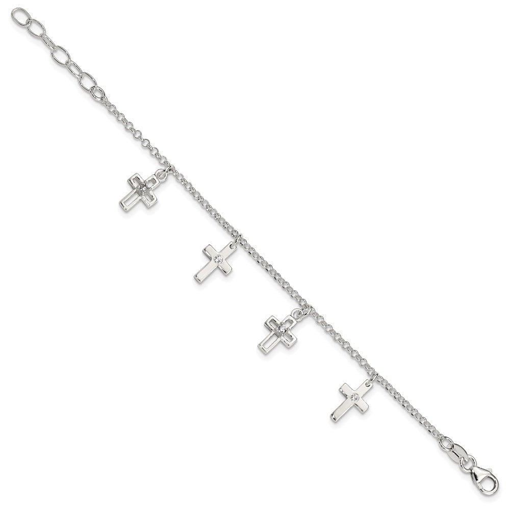 Sterling Silver Polished CZ Crosses w/ Ext. Children's Bracelet