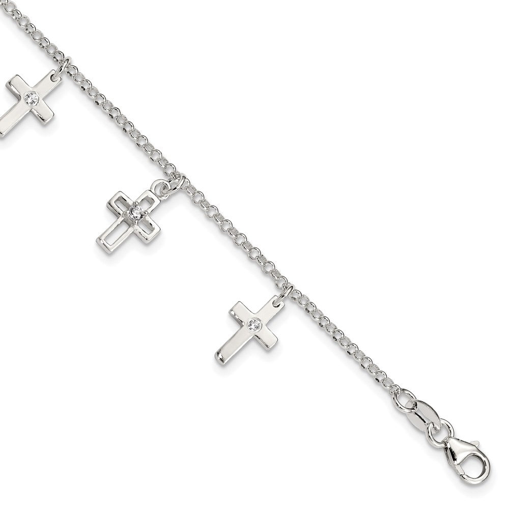 Sterling Silver Polished CZ Crosses w/ Ext. Children's Bracelet
