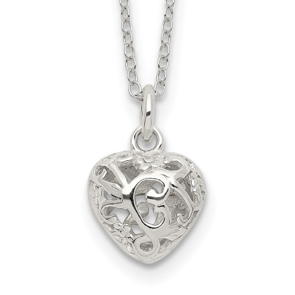 Sterling Silver Polished Puffed Filigree Heart Necklace