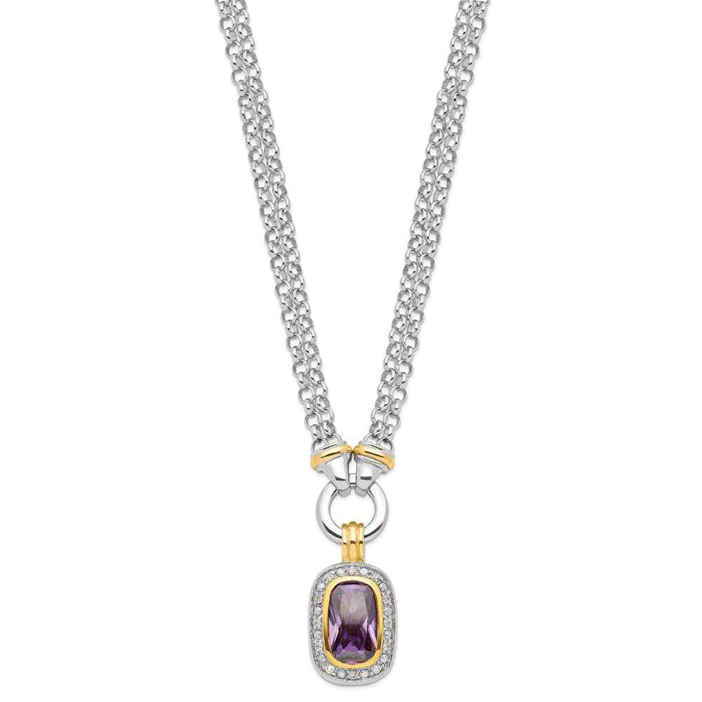 Sterling Silver Flash Gold-plated Emerald-shape Purple and Clear CZ Halo 2-Strand Necklace