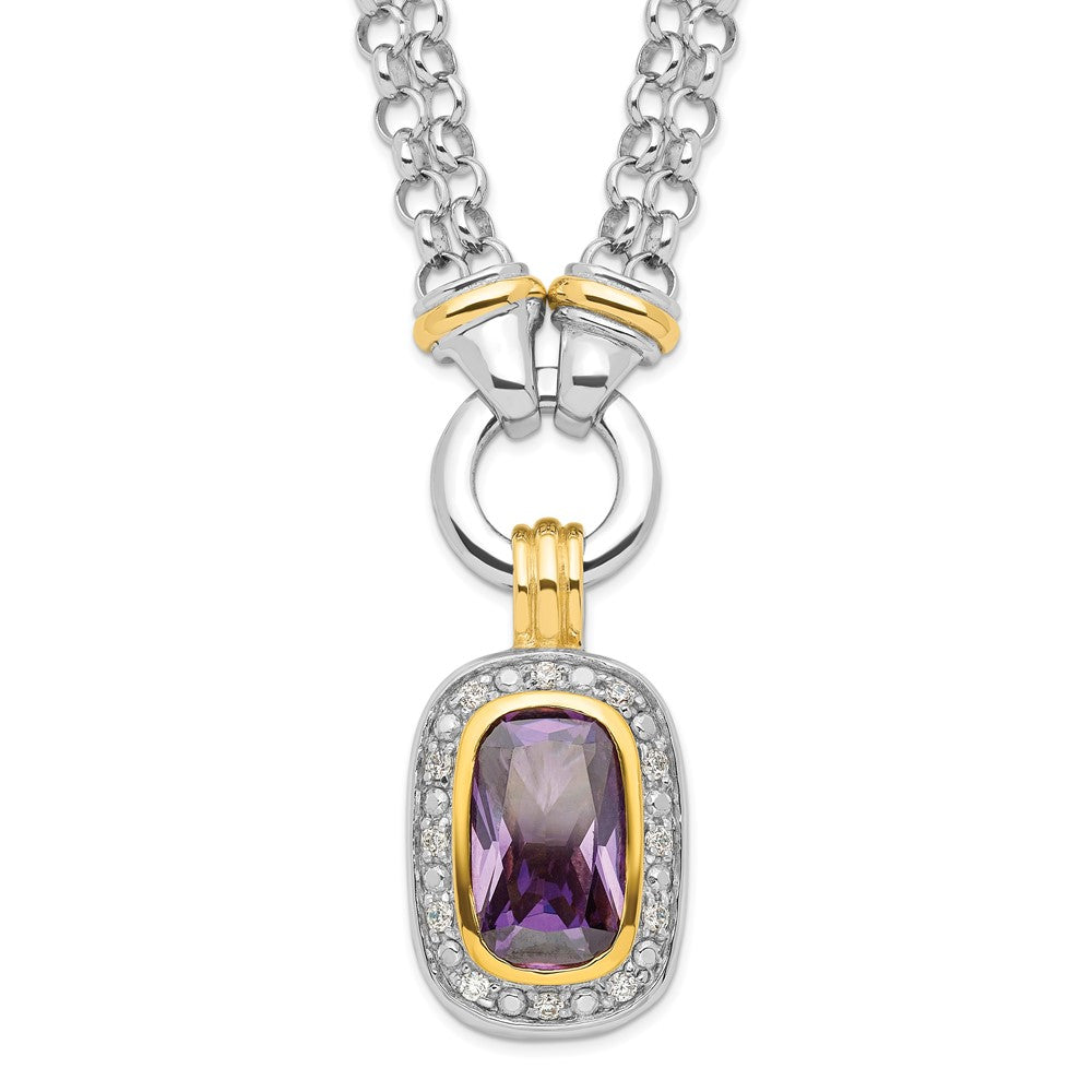 Sterling Silver Flash Gold-plated Emerald-shape Purple and Clear CZ Halo 2-Strand Necklace