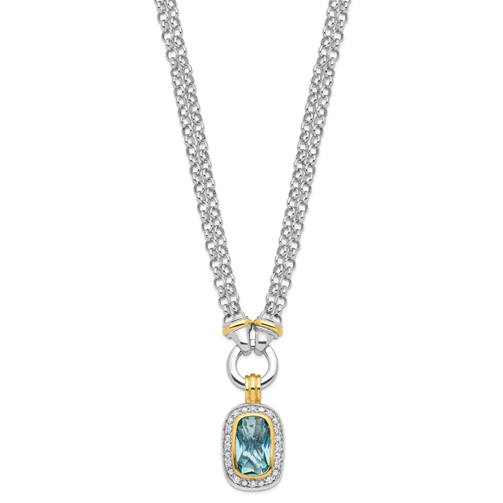 Sterling Silver Flash Gold-plated Emerald-shape Blue and Clear CZ Halo 2-Strand Necklace