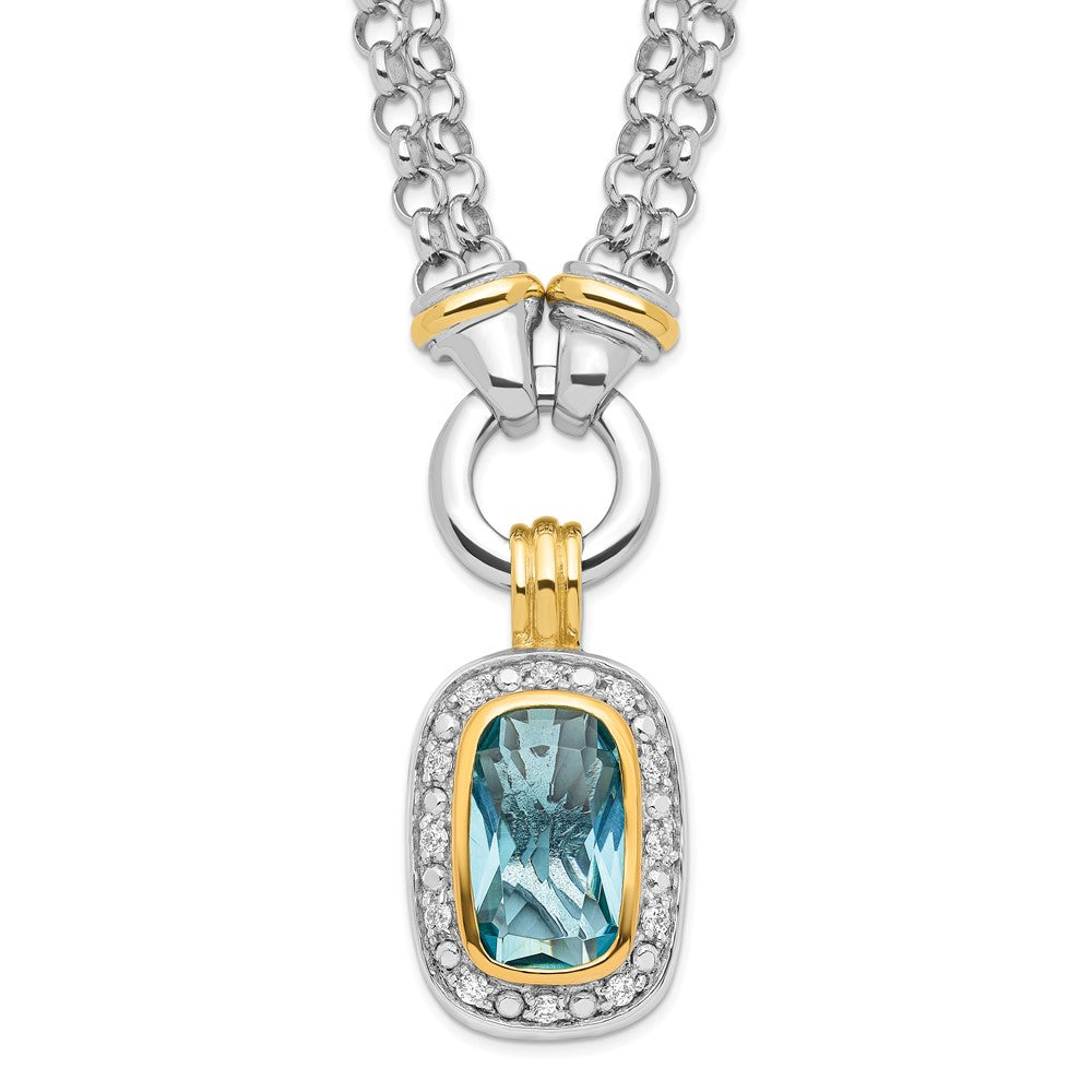 Sterling Silver Flash Gold-plated Emerald-shape Blue and Clear CZ Halo 2-Strand Necklace