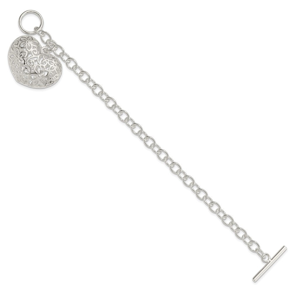 Sterling Silver Puffed Filigree Heart Dangle Toggle Bracelet