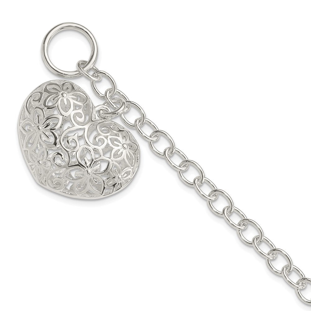 Sterling Silver Puffed Filigree Heart Dangle Toggle Bracelet