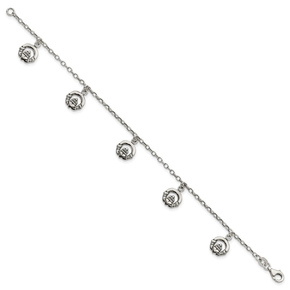 Sterling Silver Antiqued Claddagh Charms Bracelet
