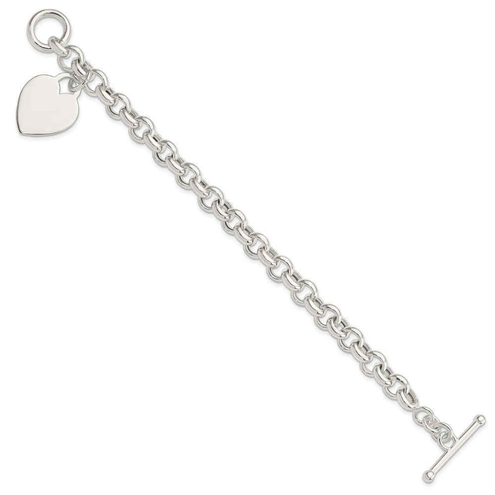 Sterling Silver Engravable 21x Heart Charm Rolo Link Toggle Bracelet