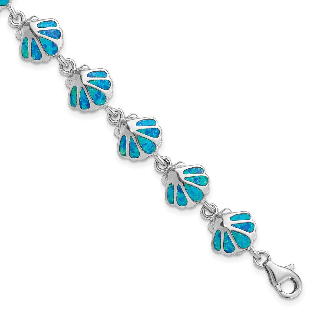 Sterling Silver Rhodium-plated Created Blue Opal Inlay Shell Bracelet