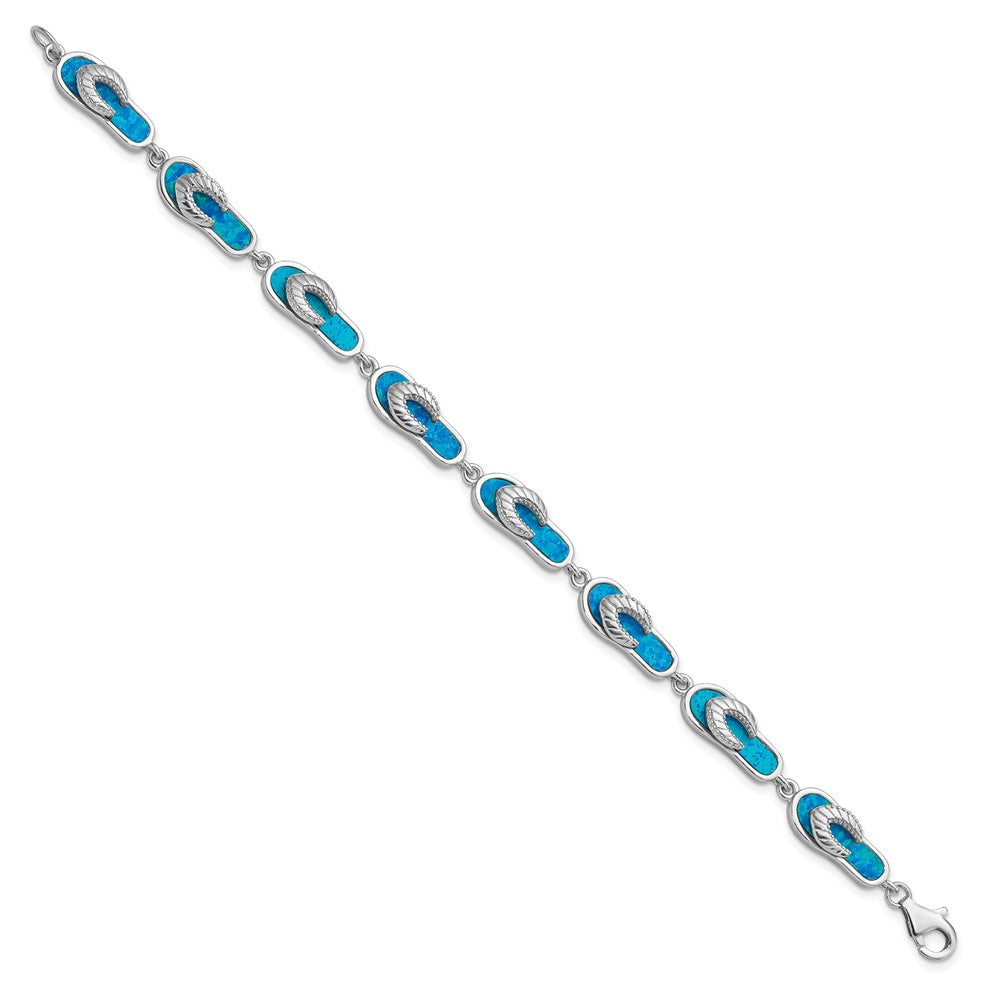 Sterling Silver Rhodium-plated Created Blue Opal Inlay Sandal Bracelet