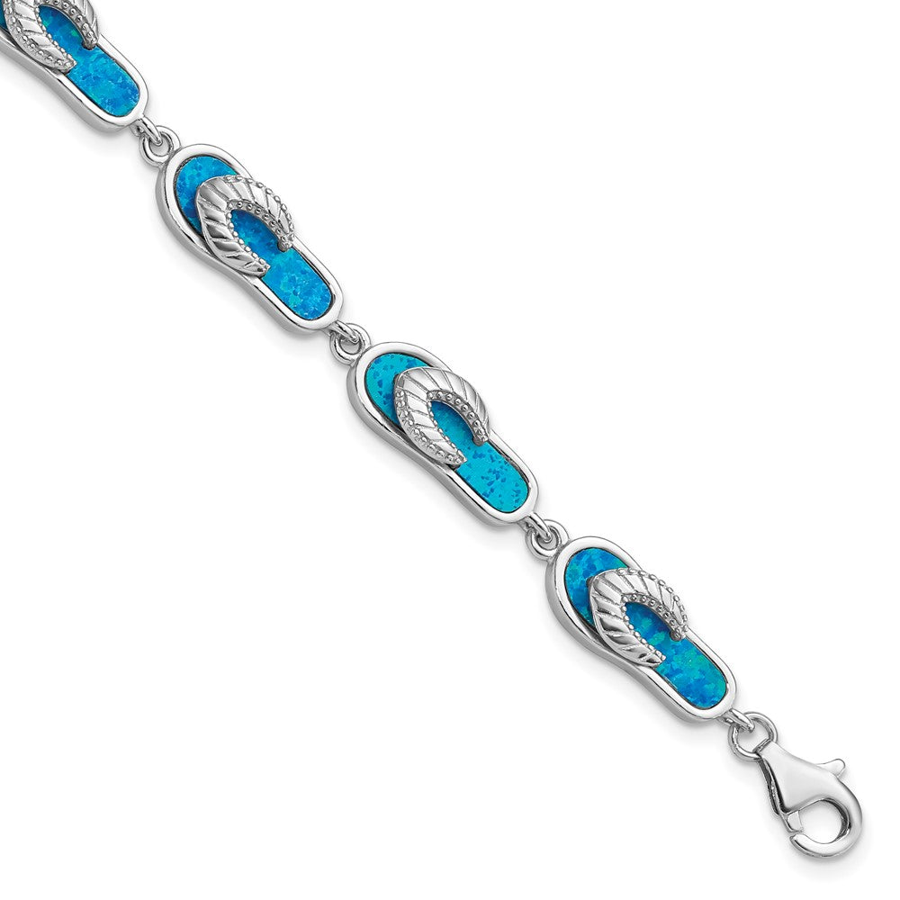 Sterling Silver Rhodium-plated Created Blue Opal Inlay Sandal Bracelet