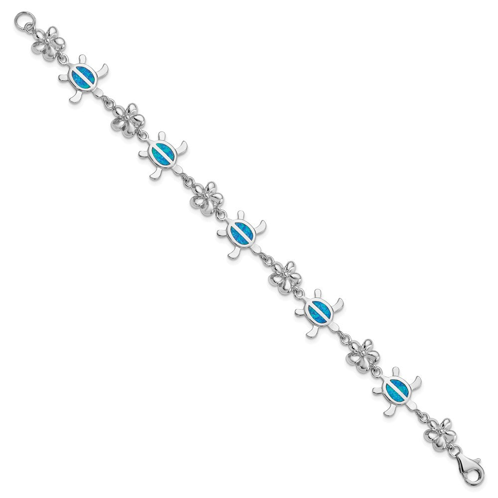 Sterling Silver Rhodium-plated Polished Created Blue Opal Tortoise with Flower Bracelet