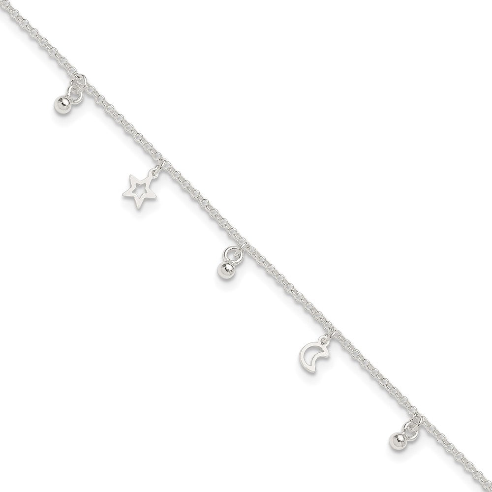 Sterling Silver Polished Bead Star and Moon Plus Ext. Anklet