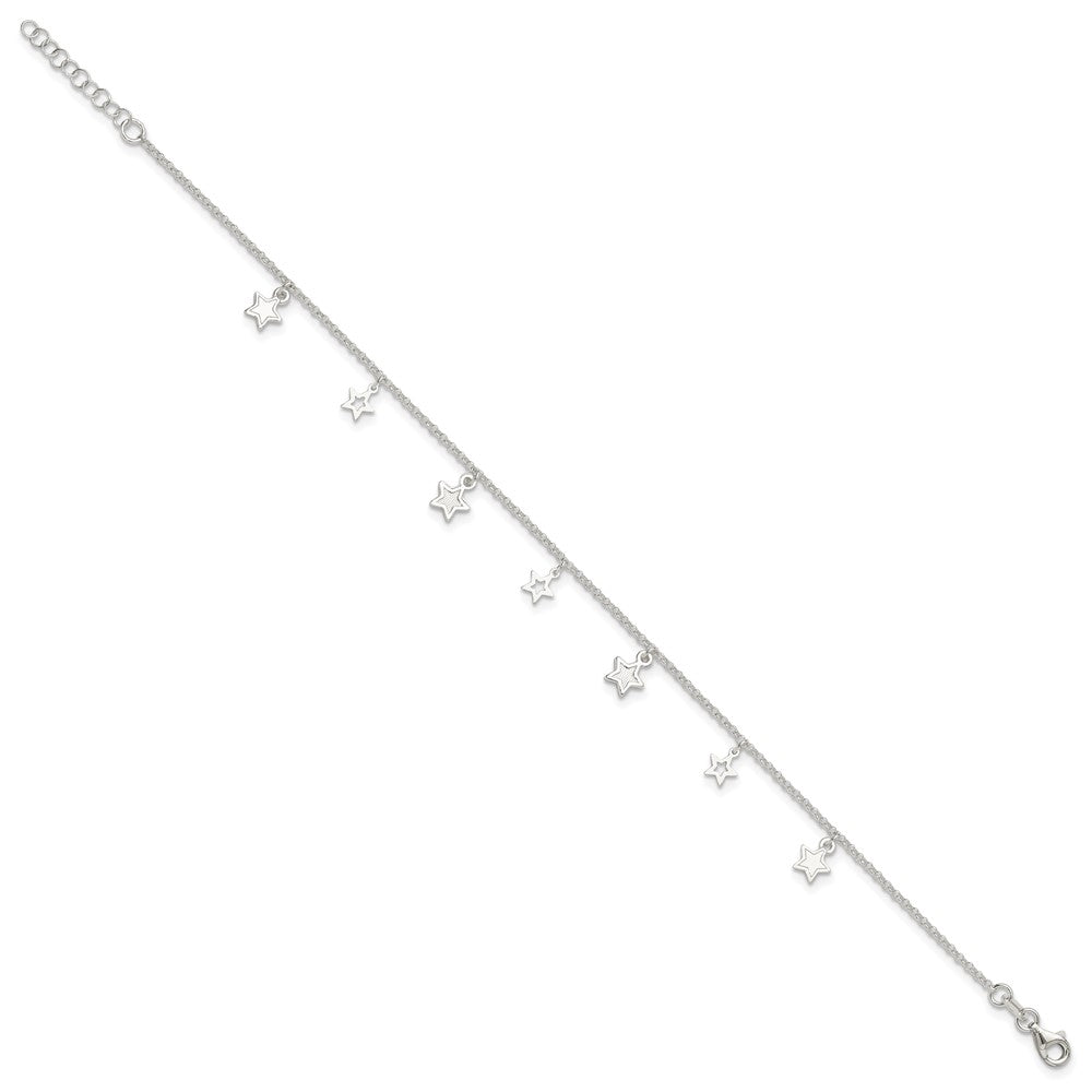 Sterling Silver Polished and Textured Star Plus Ext. Anklet