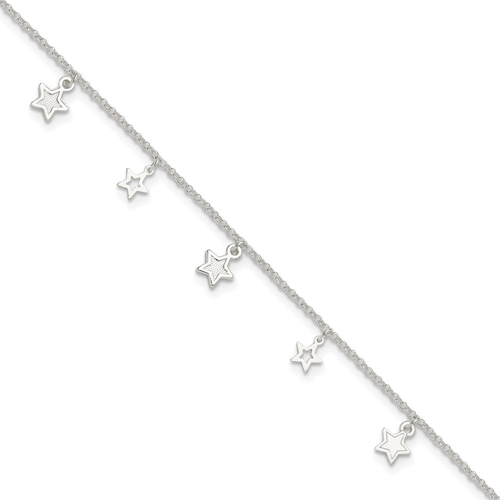 Sterling Silver Polished and Textured Star Plus Ext. Anklet