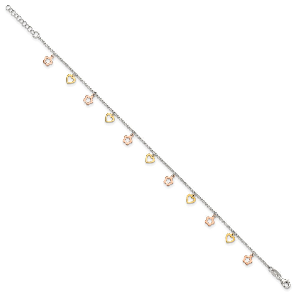 Sterling Silver Gold and Rose-tone Heart Flower Plus ext. Anklet