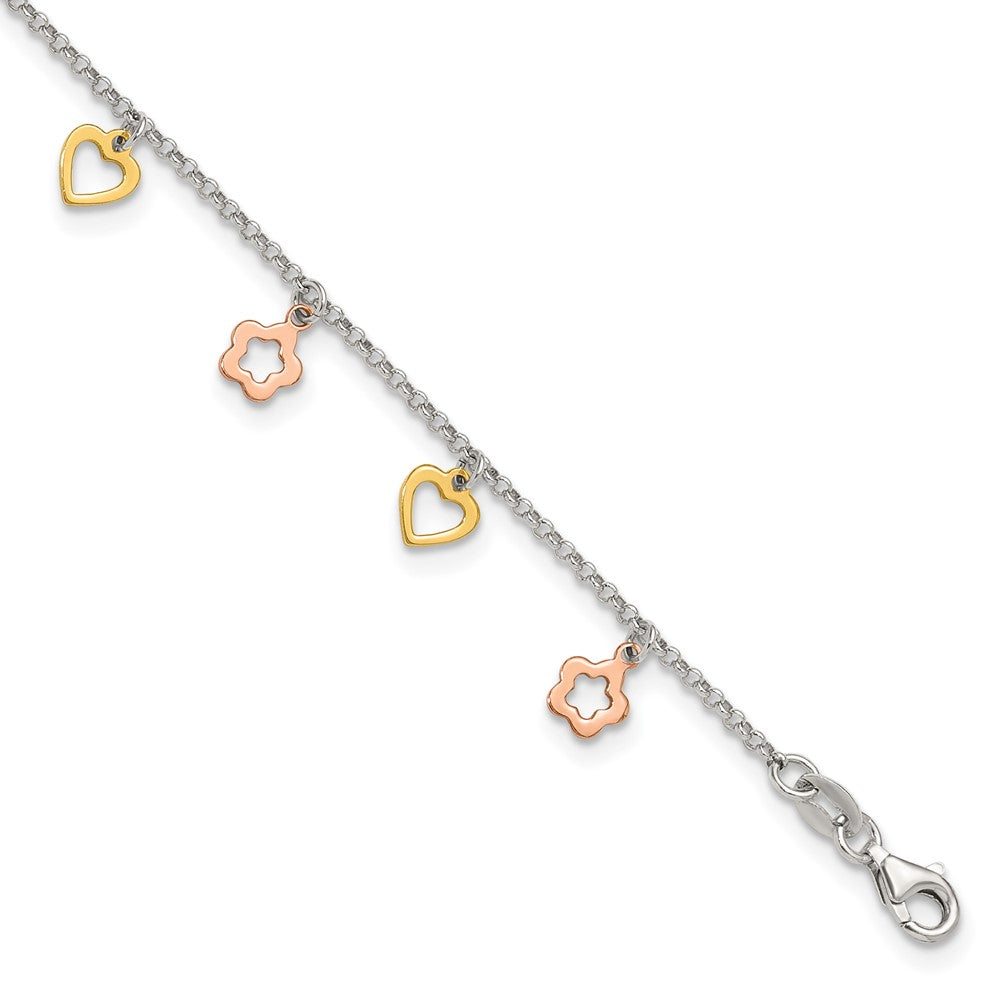 Sterling Silver Gold and Rose-tone Heart Flower Plus ext. Anklet