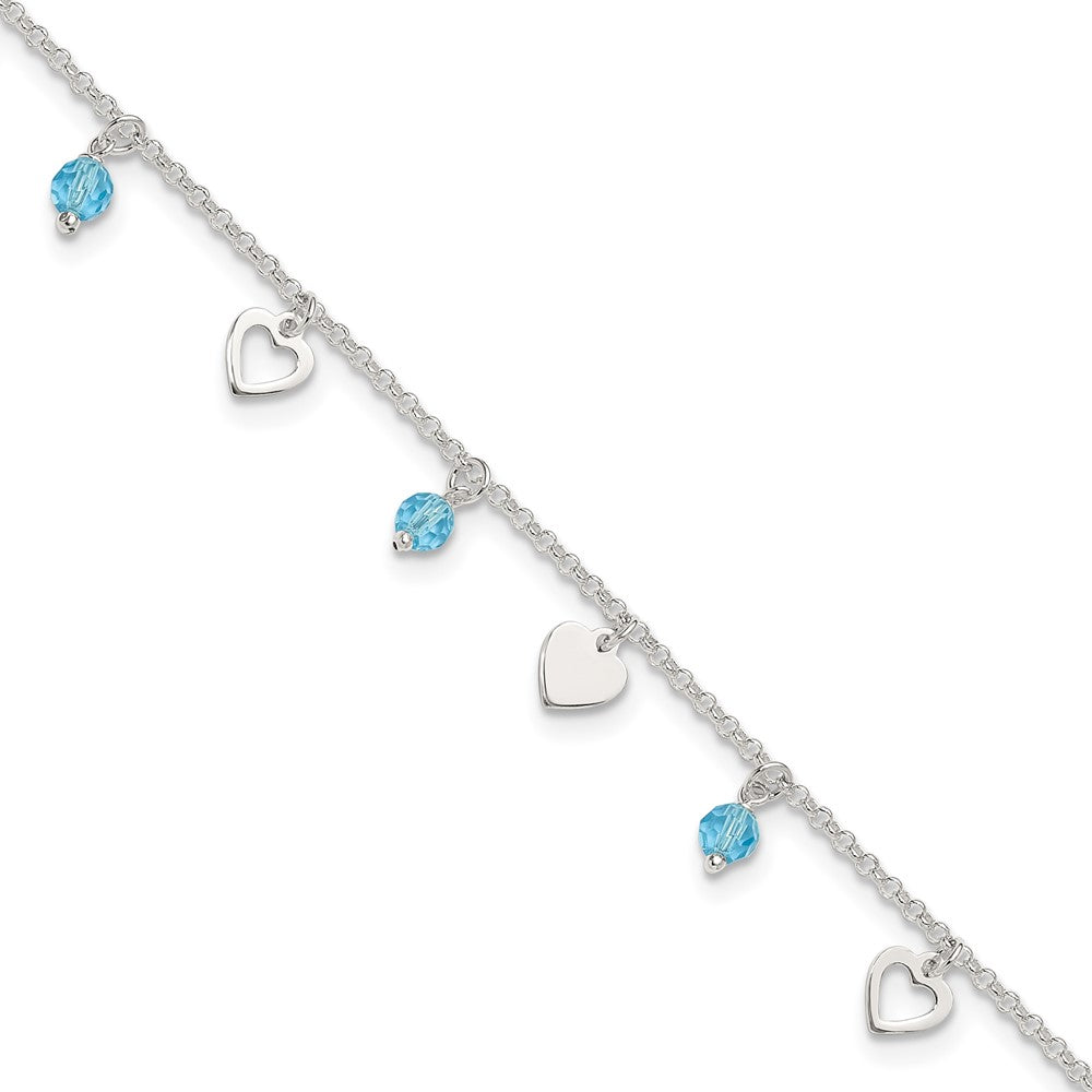 Sterling Silver Heart and Blue Glass Plus ext. Anklet