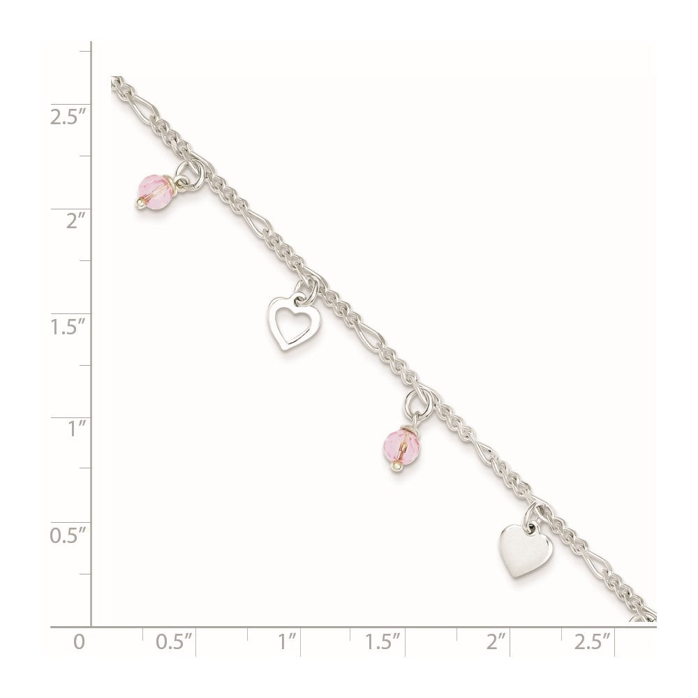 Sterling Silver Pink Glass Beads and Polished Hearts Anklet with extension