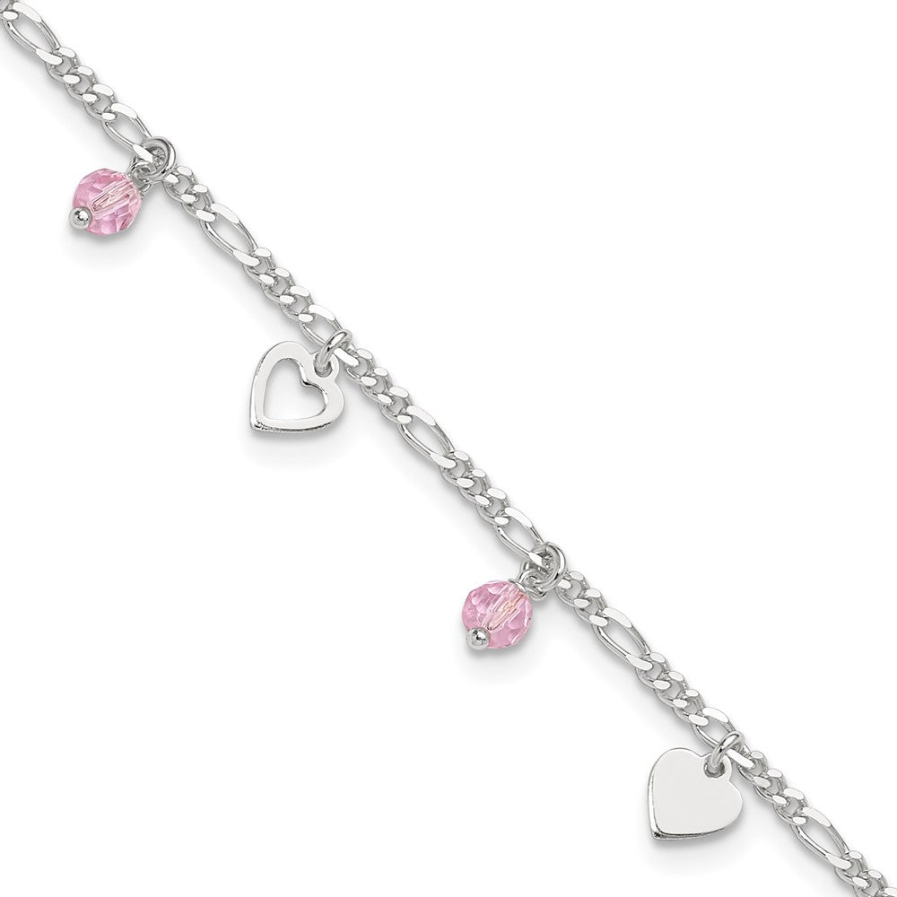 Sterling Silver Pink Glass Beads and Polished Hearts Anklet with extension