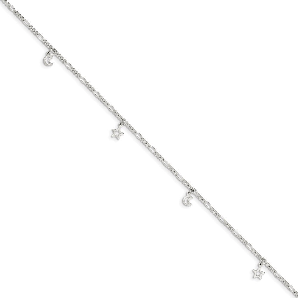 Sterling Silver Polished Star and Moon Plus Ext. Anklet