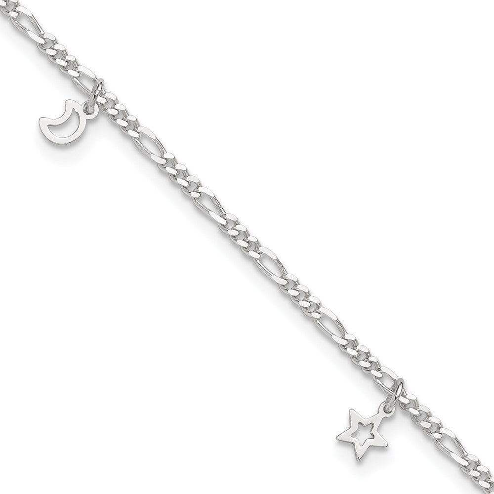 Sterling Silver Polished Star and Moon Plus Ext. Anklet