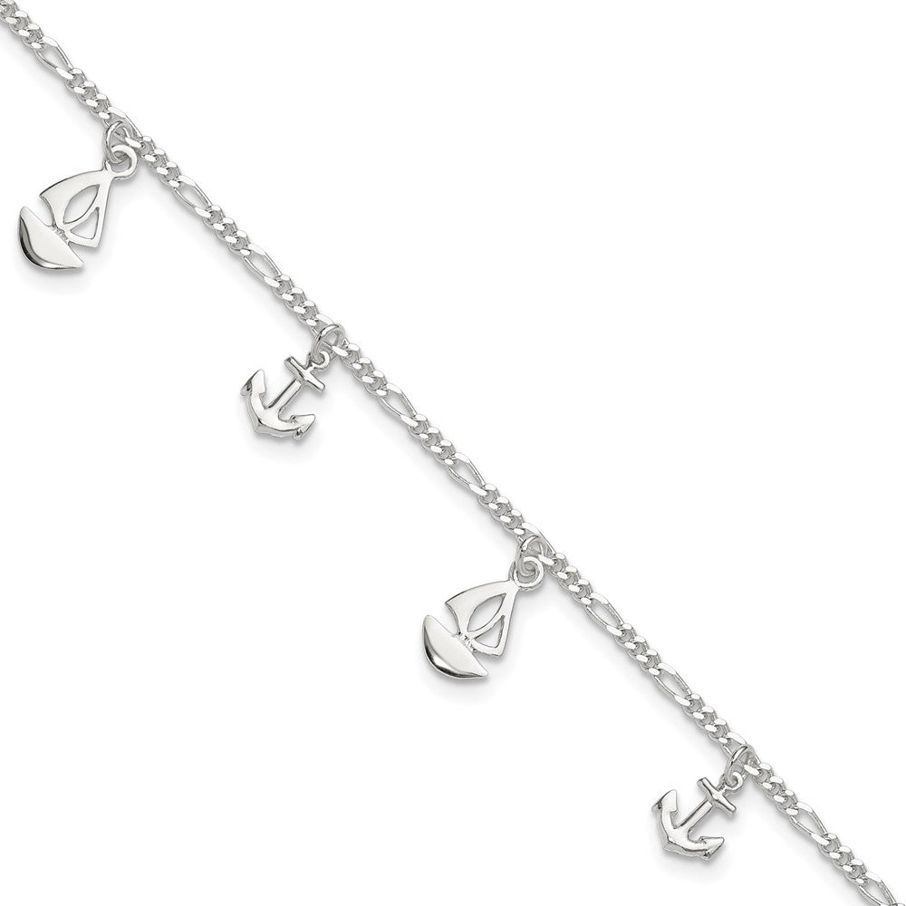 Sterling Silver Polished Boat and Anchor Plus Ext. Anklet