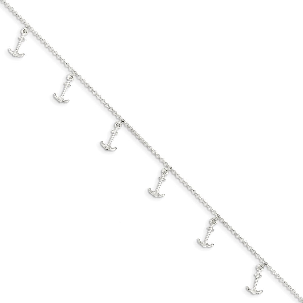 Sterling Silver Polished Anchors Plus Ext. Anklet