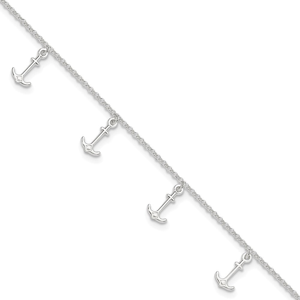 Sterling Silver Polished Anchors Plus Ext. Anklet