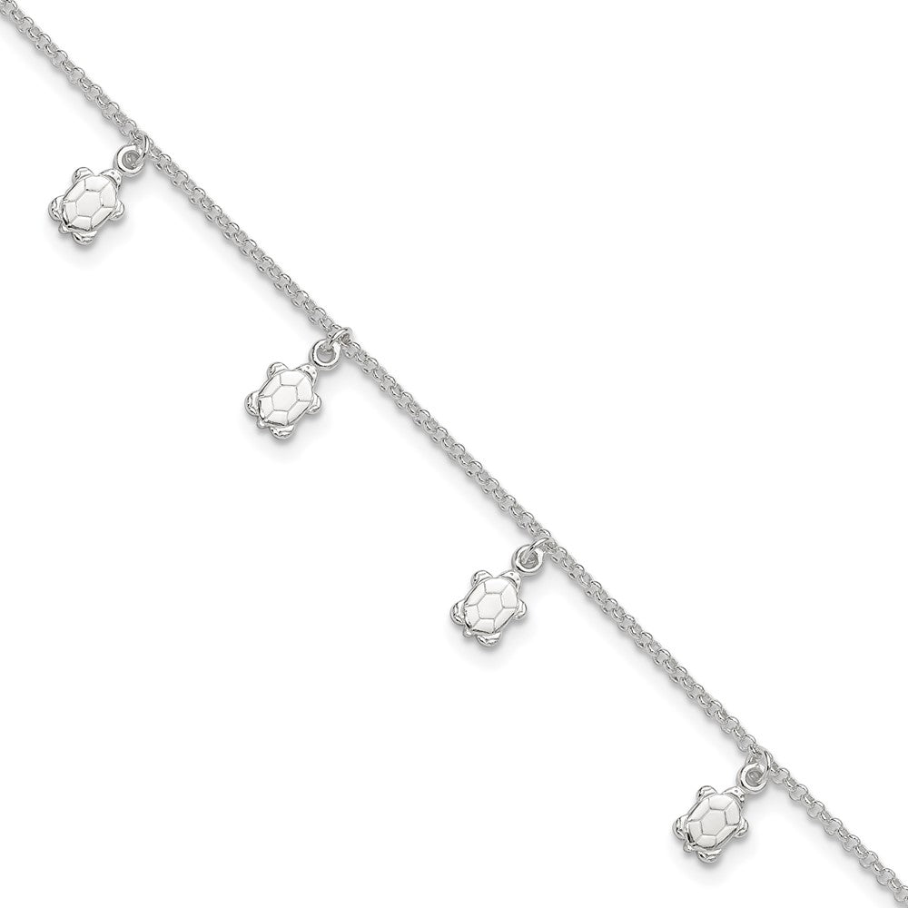 Sterling Silver Polished Turtle Plus Ext. Anklet