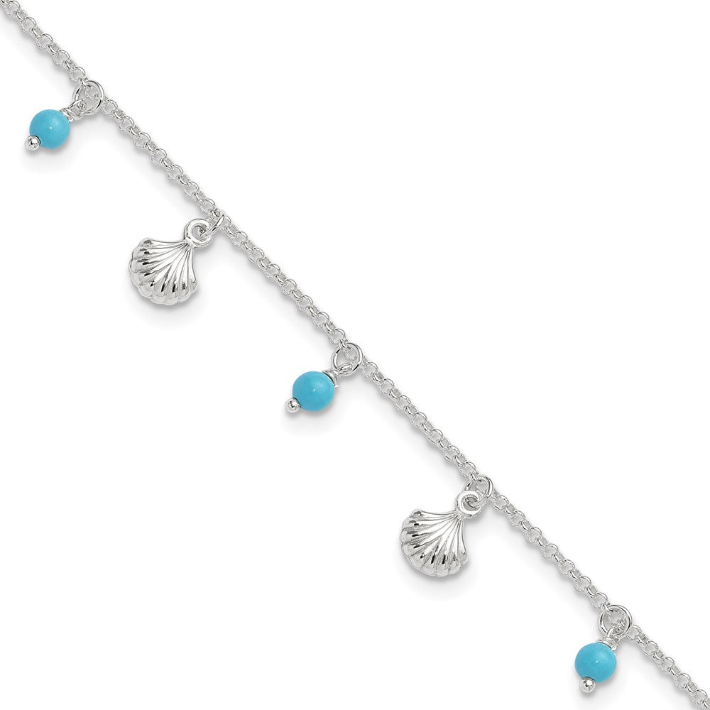 Sterling Silver Polished Shell and Turquoise Plus Ext. Anklet