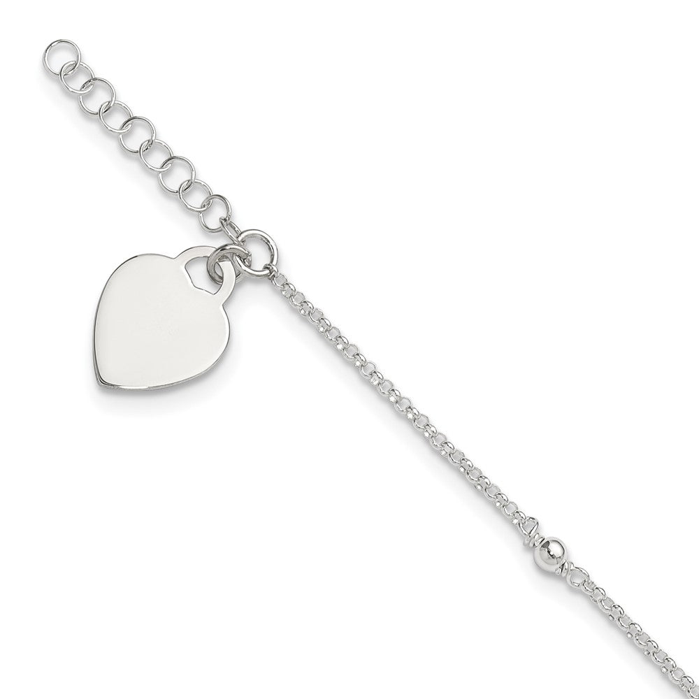 Sterling Silver Polished Bead and Heart Plus Ext. Anklet