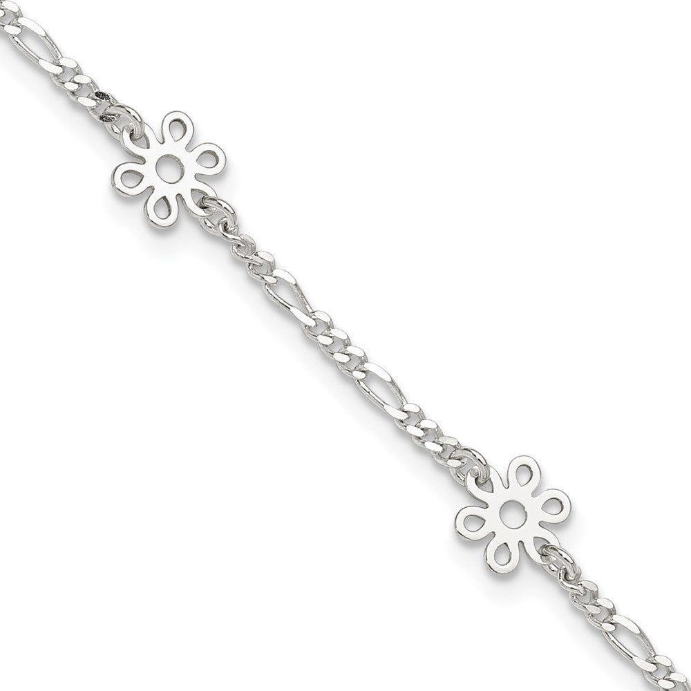 Sterling Silver Polished Flower Plus Ext. Anklet