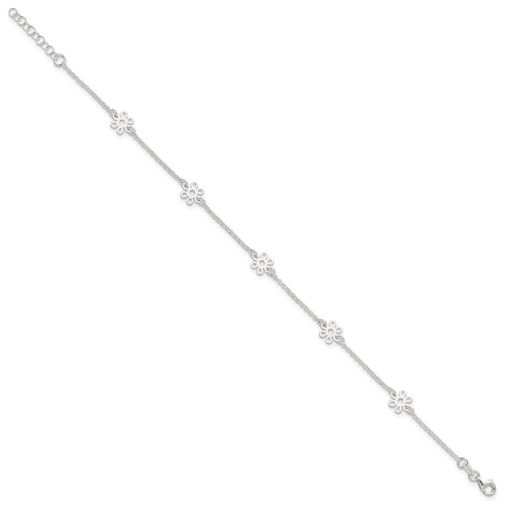 Sterling Silver Polished Flower Plus Ext. Anklet