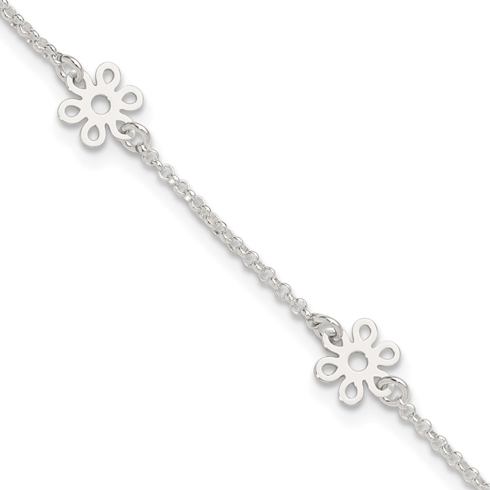 Sterling Silver Polished Flower Plus Ext. Anklet