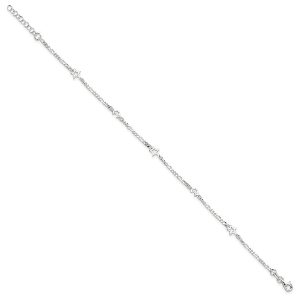 Sterling Silver Polished Moon and Star Plus Ext. Anklet