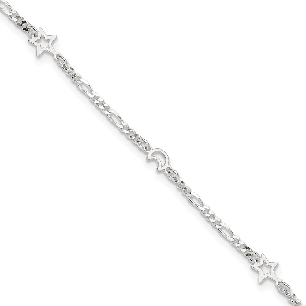 Sterling Silver Polished Moon and Star Plus Ext. Anklet