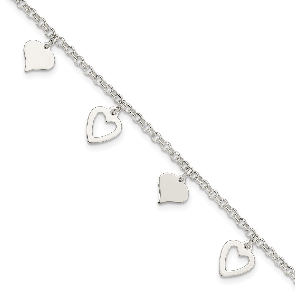 Sterling Silver Polished Heart Charms Bracelet