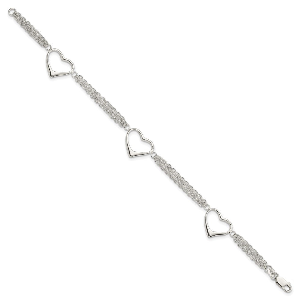 Sterling Silver Polished 3-Station Heart and Chain Bracelet