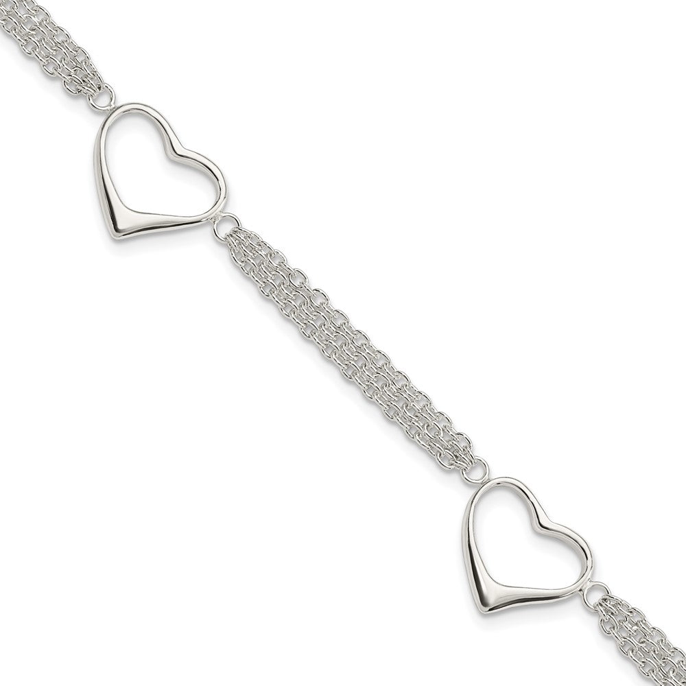 Sterling Silver Polished 3-Station Heart and Chain Bracelet