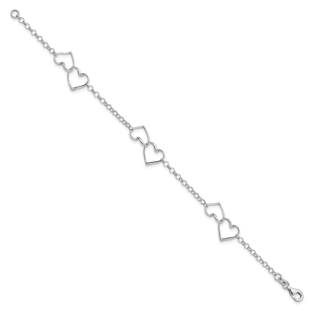 Sterling Silver Rhodium-plated Linked Hearts and Chain Bracelet