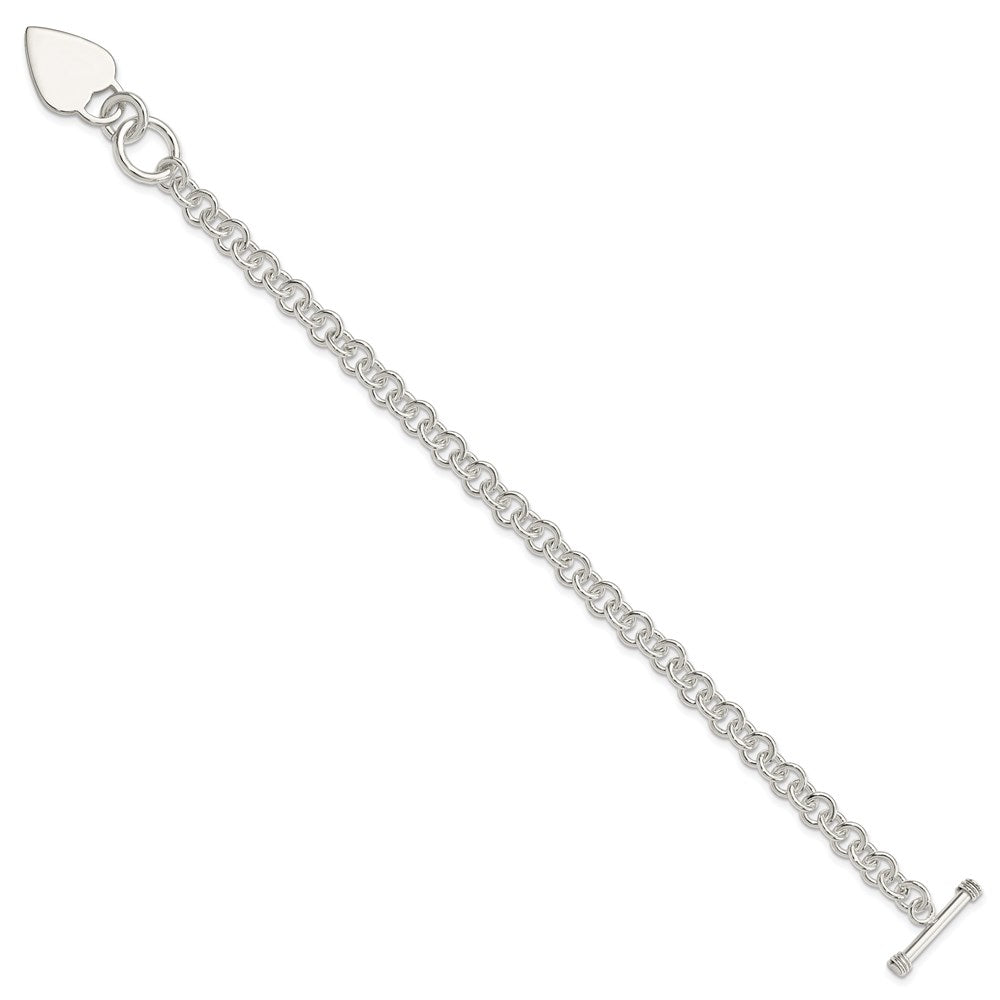 Sterling Silver Polished Engravable Heart Charm Rolo Link Toggle Bracelet