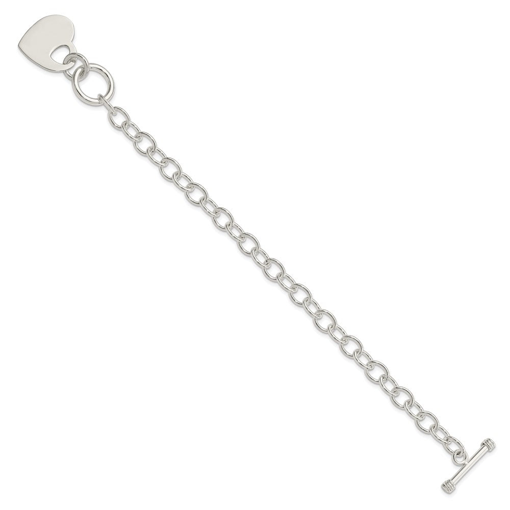 Sterling Silver Polished Engravable 20x Heart Charm Cable Link Toggle Bracelet