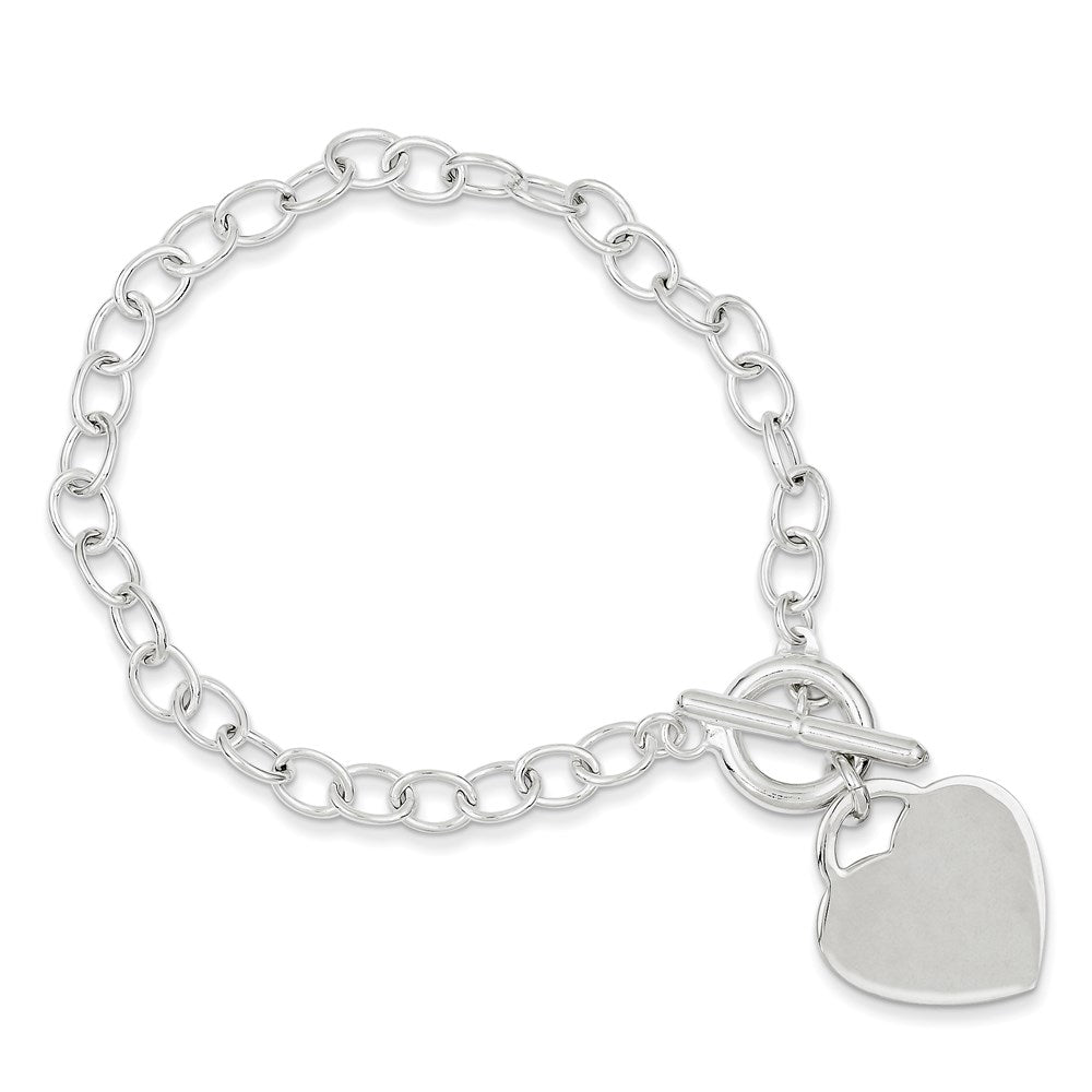 Sterling Silver Engravable 18x Heart Charm Oval Cable Link Toggle Bracelet