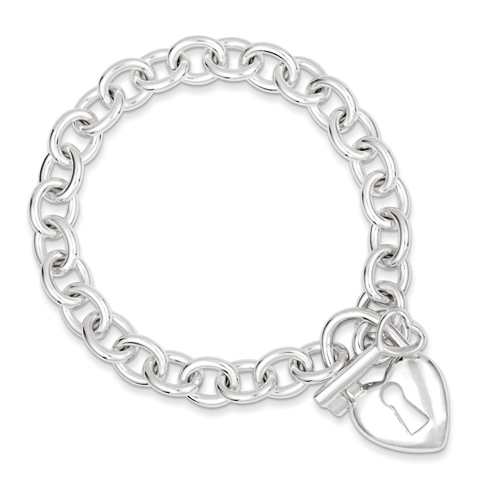 Sterling Silver Polished Heart Lock and Key Toggle Bracelet