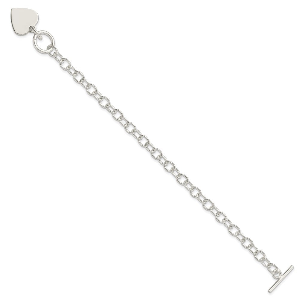 Sterling Silver Polished Engravable 16x Heart Charm Cable Link Toggle Bracelet